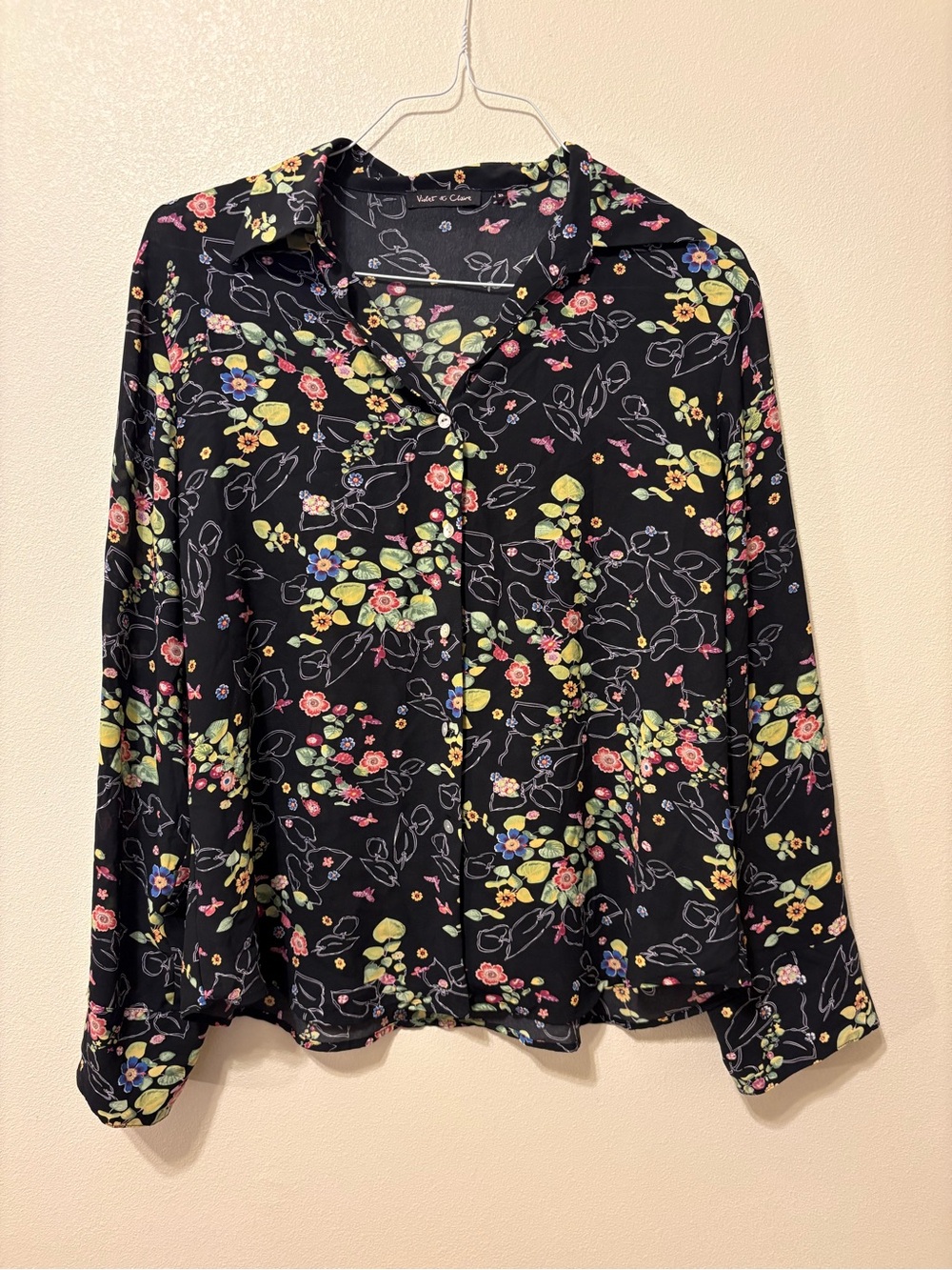 Violet & Claire Black Floral Button-Down Shirt with Pink Yellow Green Accents